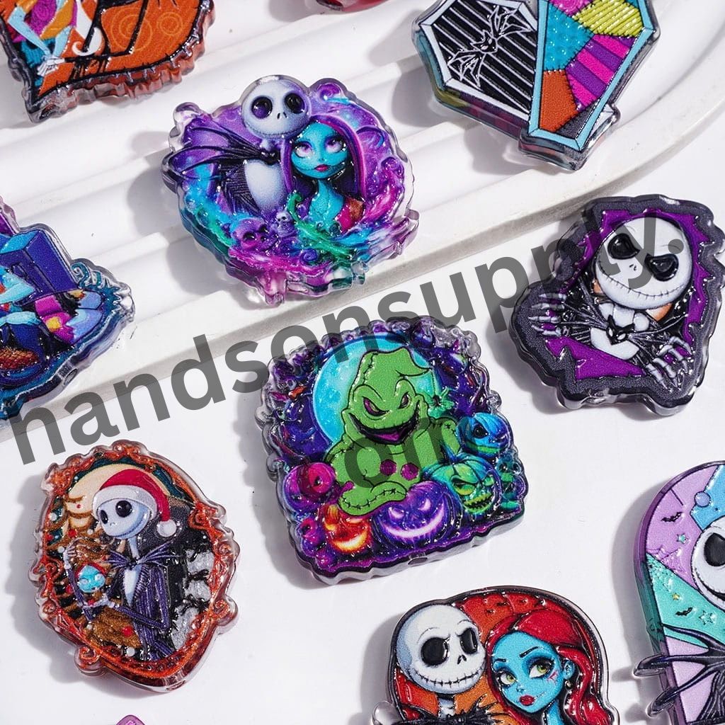 Spooky Skull Skeleton Couple Character Halloween Theme Semi-Clear Acrylic Beads, Random Mix