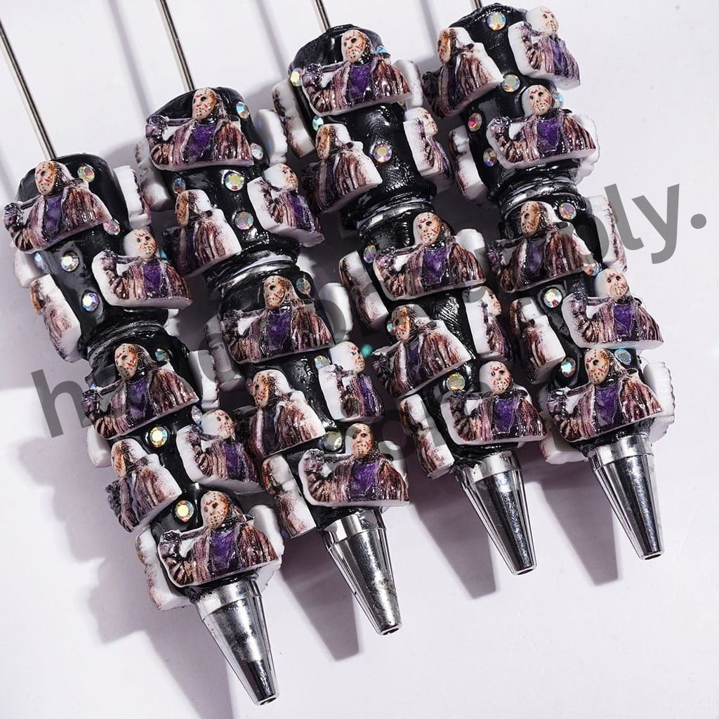 Spooky Hockey Mask Killer Character with Tool & Sparkling AB Rhinestones, Horror-Themed Beadable Clay Pens