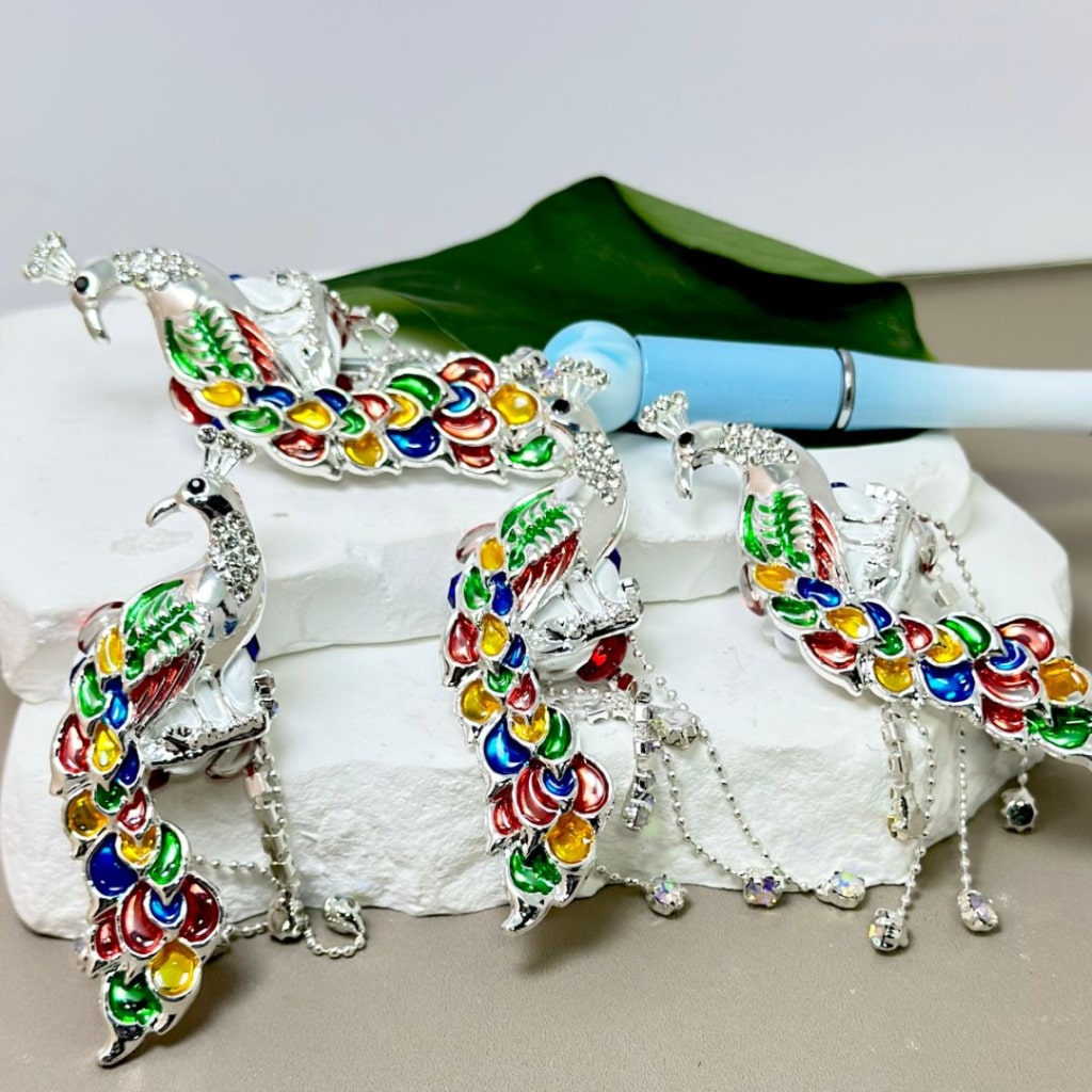 Silver Alloy Fancy Delicate Colorful Peacock with AB Rhinestones, Red Oval Pearls, Chains, Clear Mini Butterfly, Heart Rhinestone, and Clay Beads Around 77*30MM