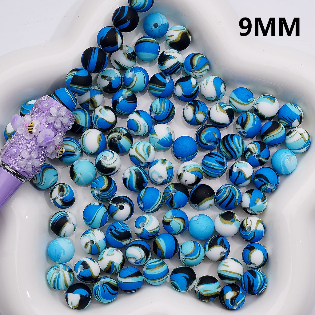 Blue Black White Abstractive Printed Silicone Beads, 9MM, Number Z-00268