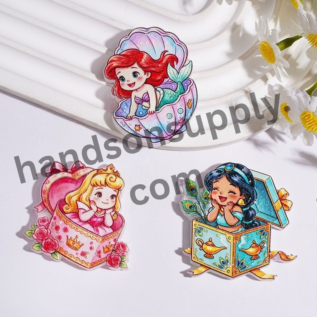Elegant Princess Character Sitting on Teacup, Gift Box & Scallop Design Acrylic Beads, Random Mix