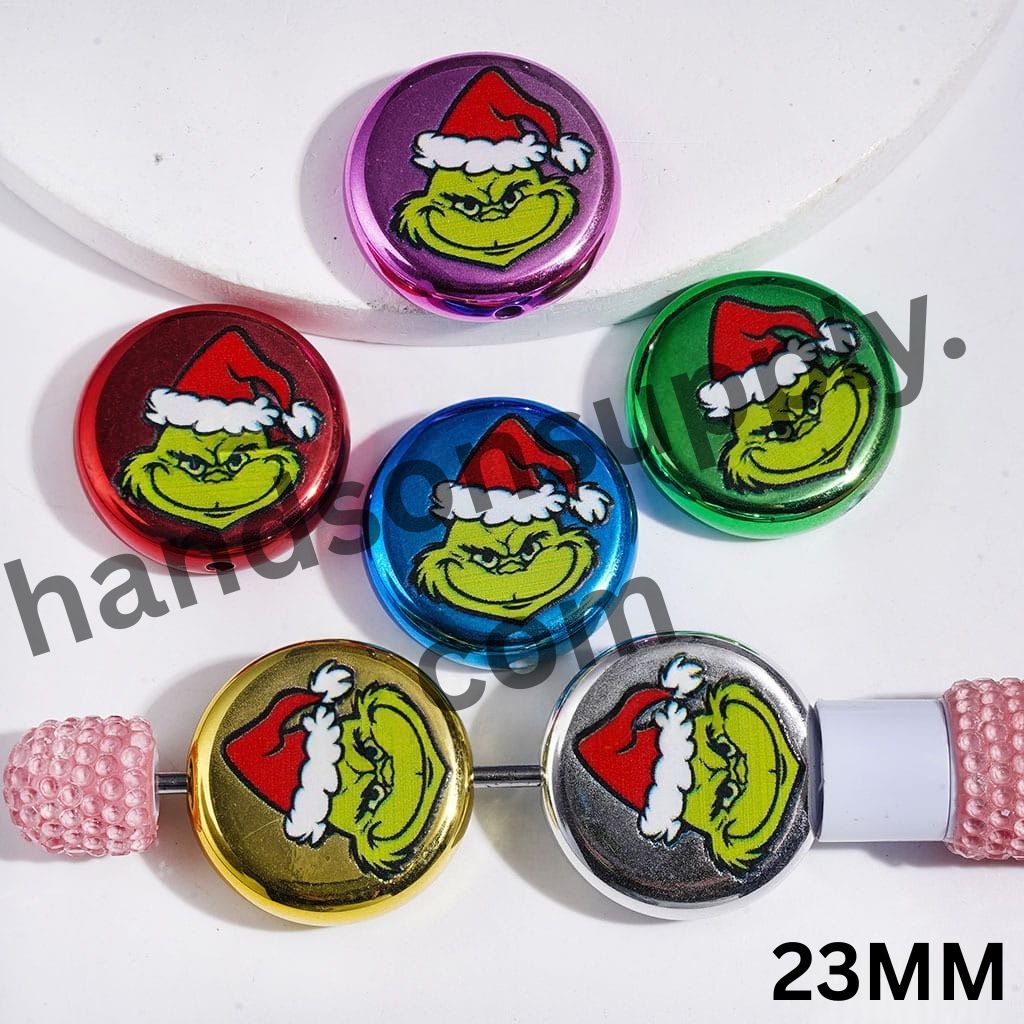 Festive Green Character with Christmas Hat Metallic-Finish Flat Round Acrylic Beads, 23MM, Multi-Color, Random Mix