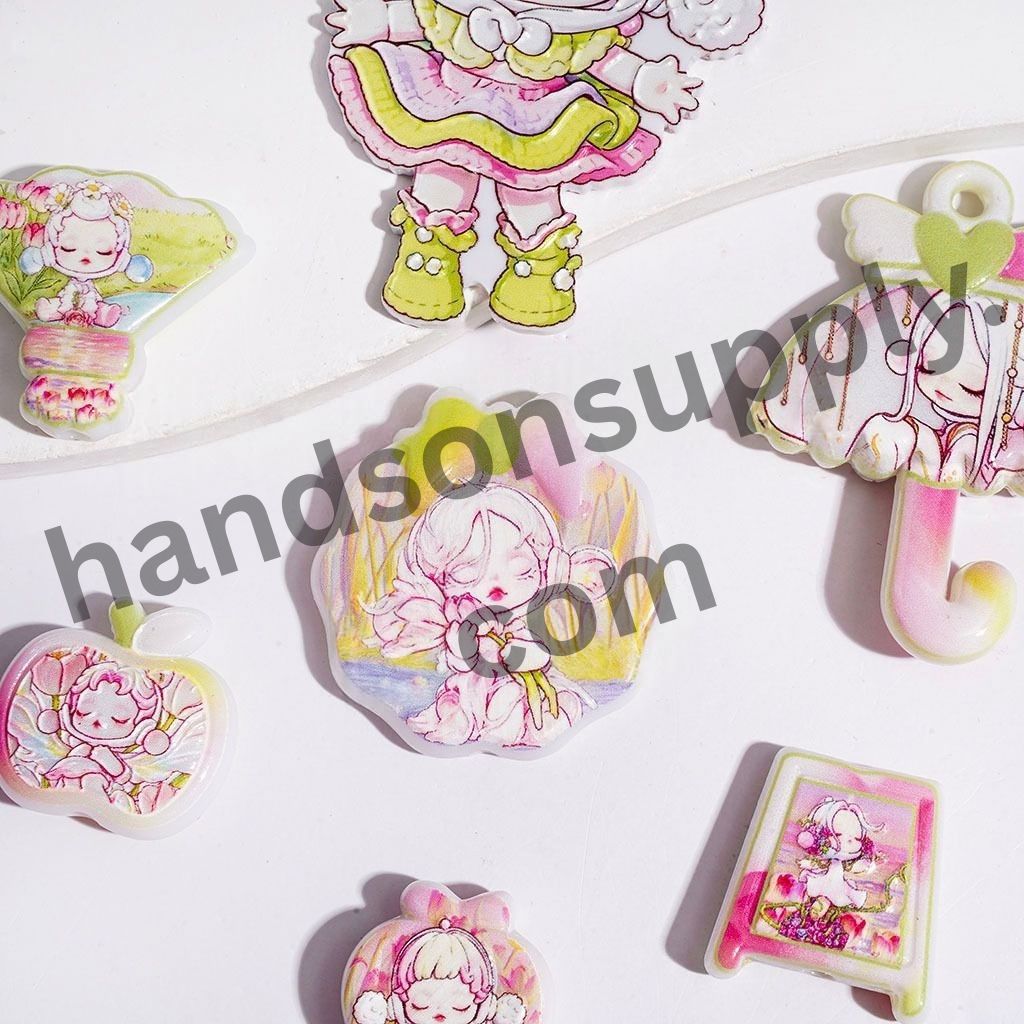 Green & Pink Style Dreamy Sleeping Girl Character Series Acrylic Beads & Pendants, Random Mix