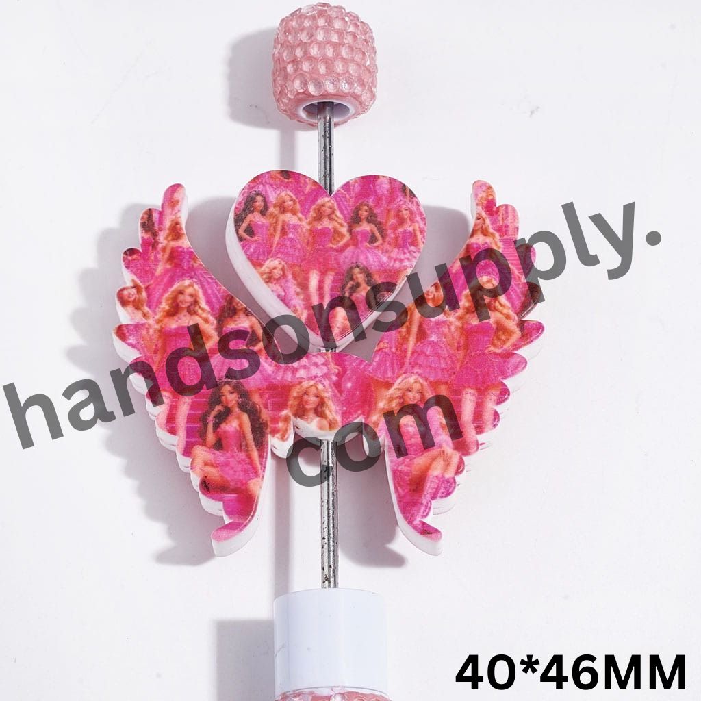 Elegant Pink Dress Fashion Doll Characters Printed Heart and Wing Shapes Silicone Focal Beads Set, 40*46MM
