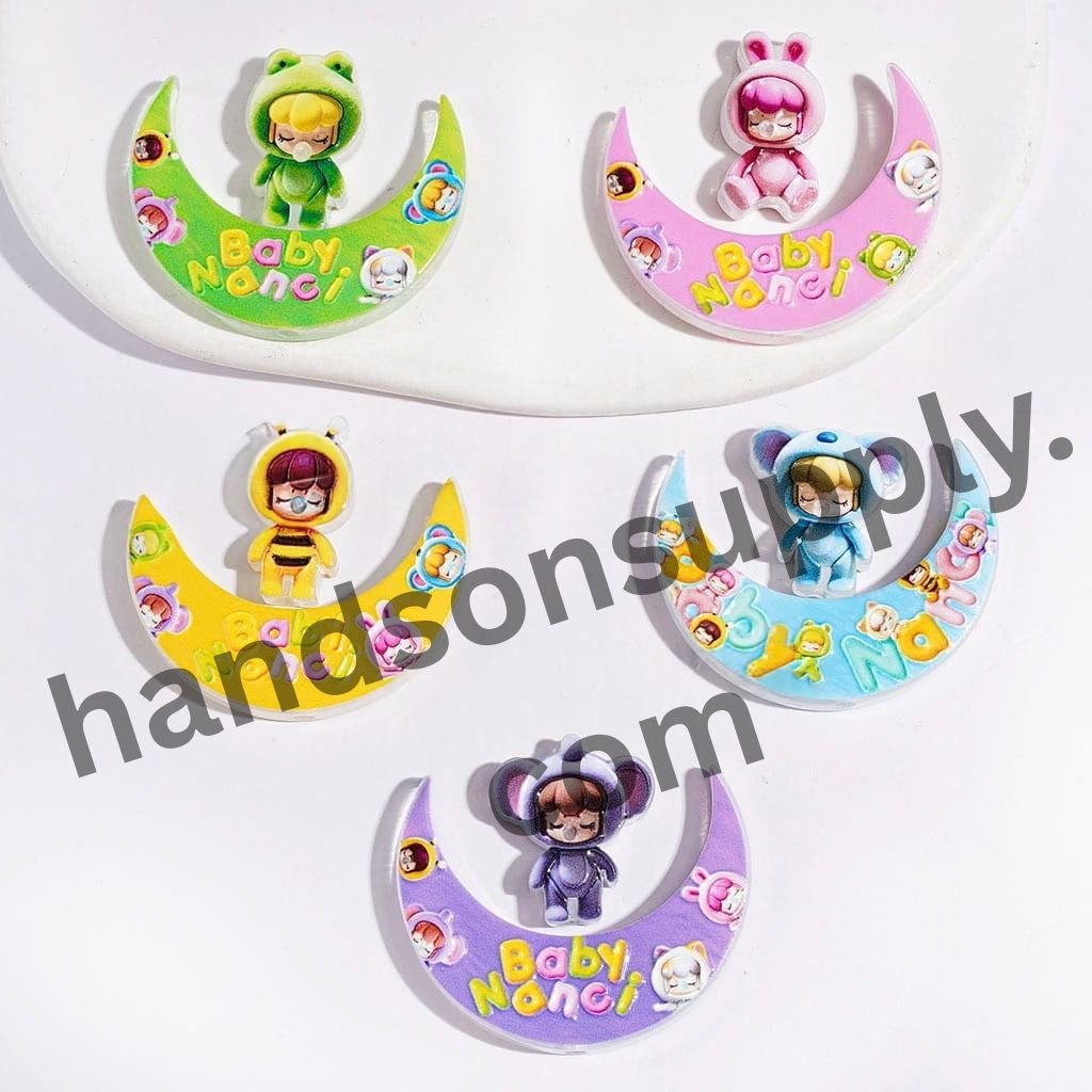 Dreamy Crescent Moon & Sleeping Baby in Adorable Animal Costumes Acrylic Beads, Multicolor, Random Mix