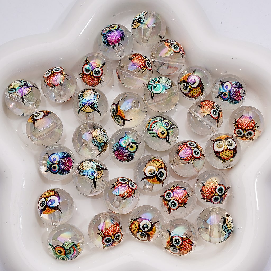 UV Coating Clear Jelly Cute Multi-Color Owl White Round Acrylic Beads 16MM