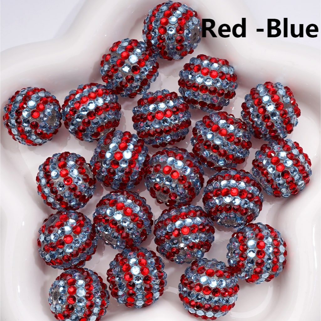 Double Color Striped Round Acrylic Beads with Shiny Rhinestones, 20MM