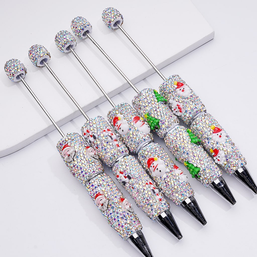 Christmas Series Beadable Clay Pens with Father Christmas, Tree, Candy Cane, Snowman, Clown, and AB Rhinestones
