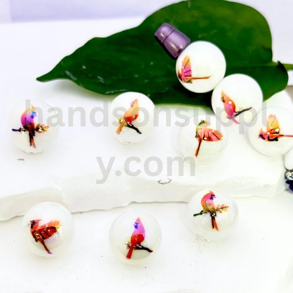 Red Bird Cardinal Design White Round 16MM UV Finish Acrylic Beads