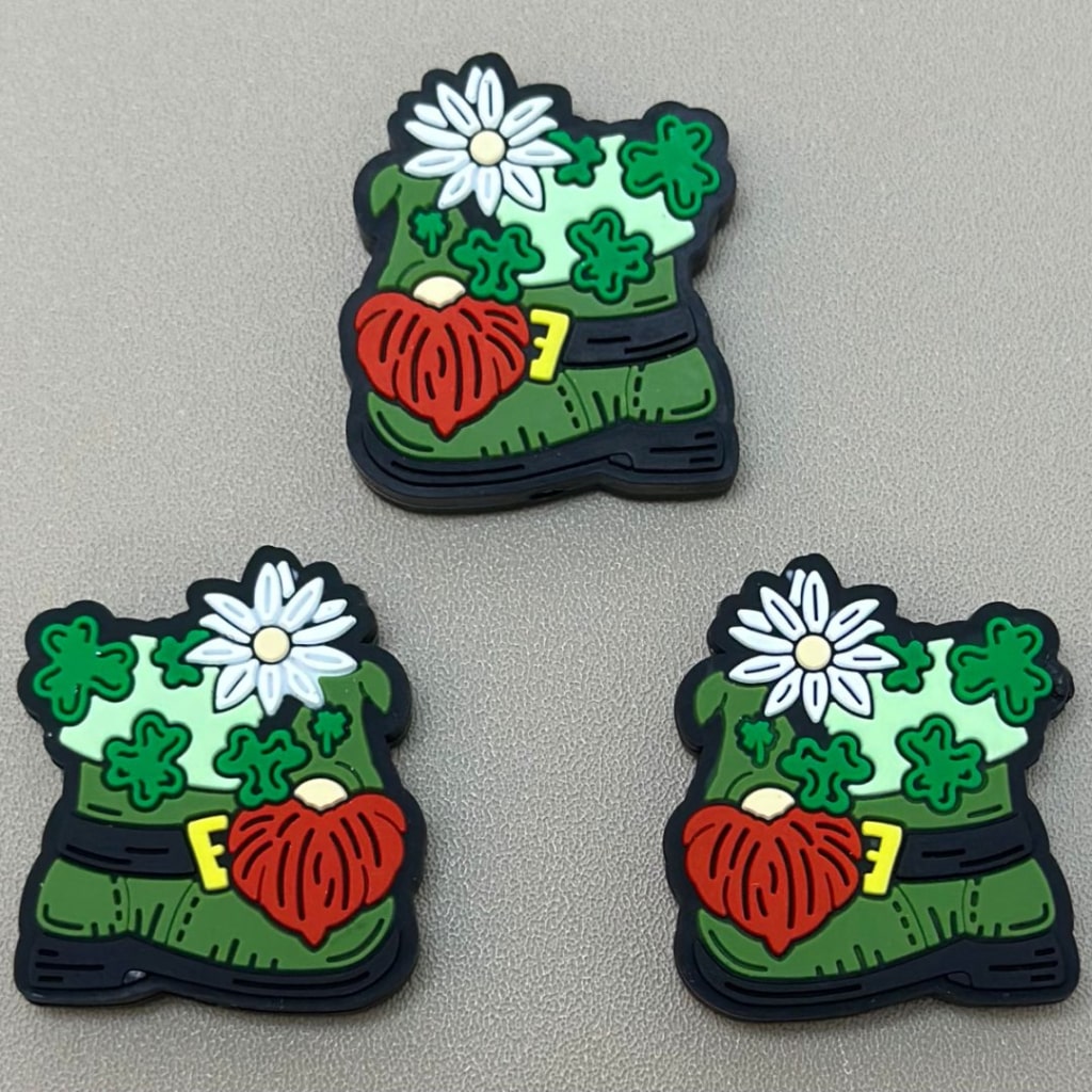 Boot Shoe Little Gnome Holds a Red Heart Clover Mini White Flowers Green Cute Saint Patrick's Day Silicone Focal Beads