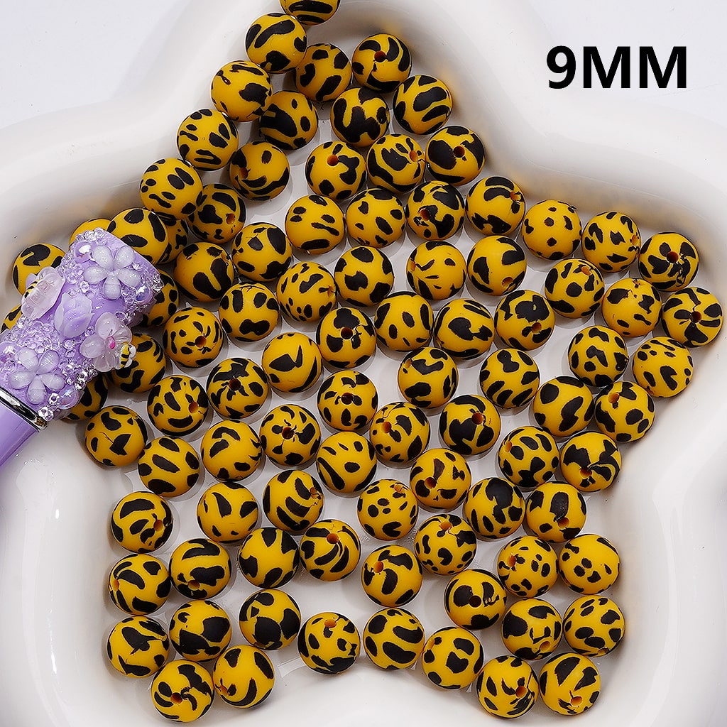 Leopard Printed Black Yellow Silicone Beads, 9MM, Number Z-00270