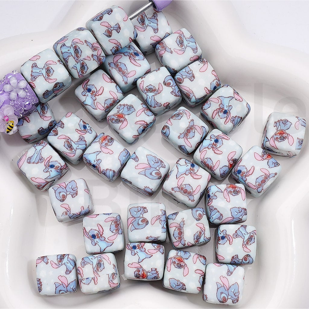 Blue Monster Character Print Cube Square Design Silicone Beads 14MM