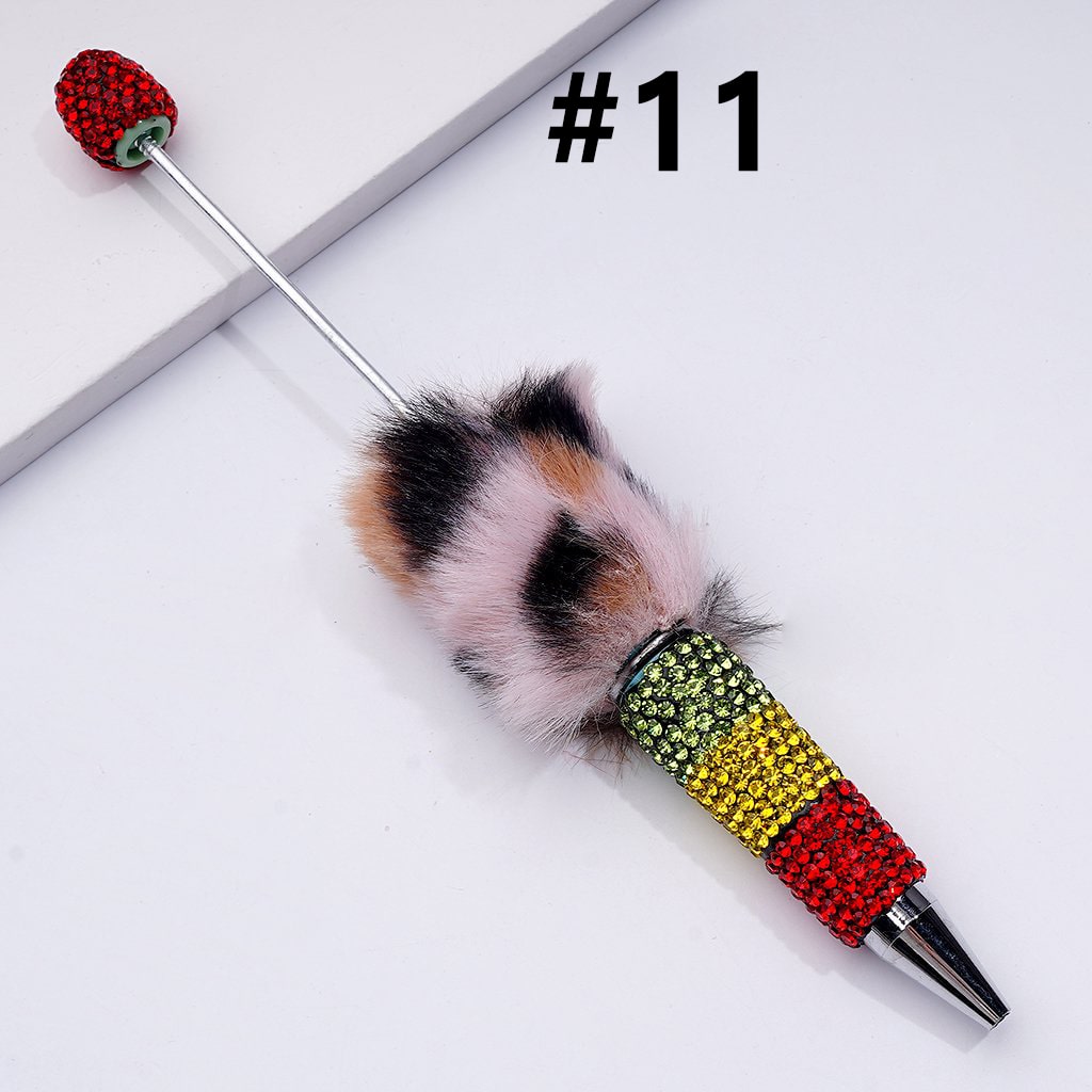 Pom Pom Beadable Clay Pens Covered with Shiny Green Yellow Red Rhinestones Along the Entire Pen