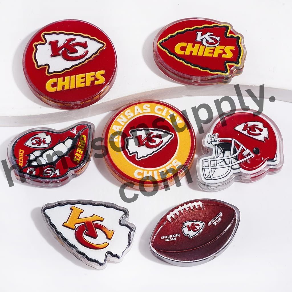 Kansas City American Football Team Logo Designs in Assorted Shapes Acrylic Beads and Pendants, Random Mix