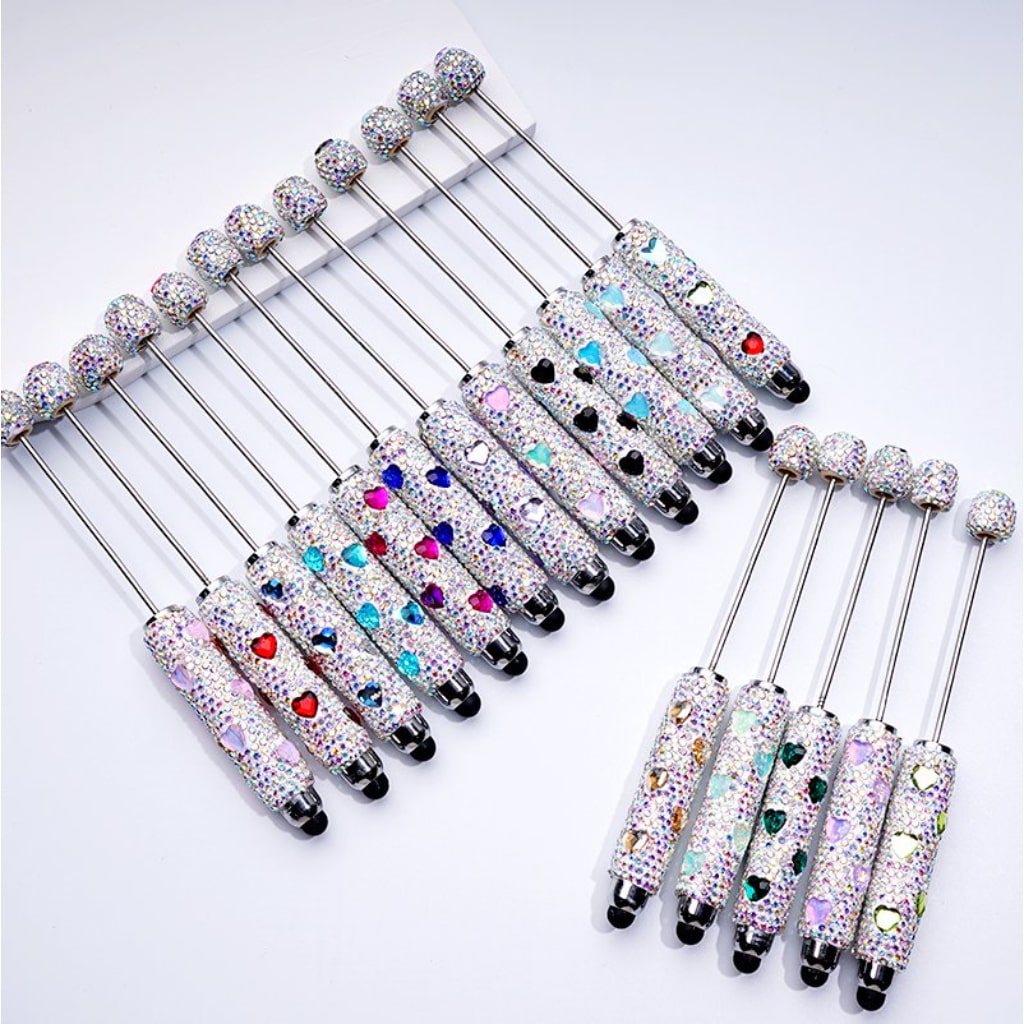 Colorful Heart Rhinestones Mini AB Rhinestones with Beadable Clay Stylus Pens Covered the Entire Pen
