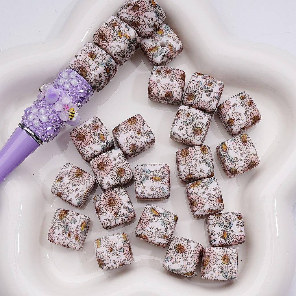 Cute Printed Cube Square Daisy Flower Silicone Beads, 14MM