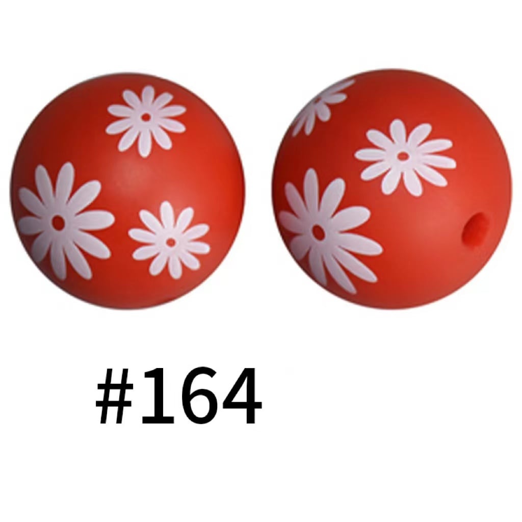 Red Printed on White Flowers Silicone Beads Number 164