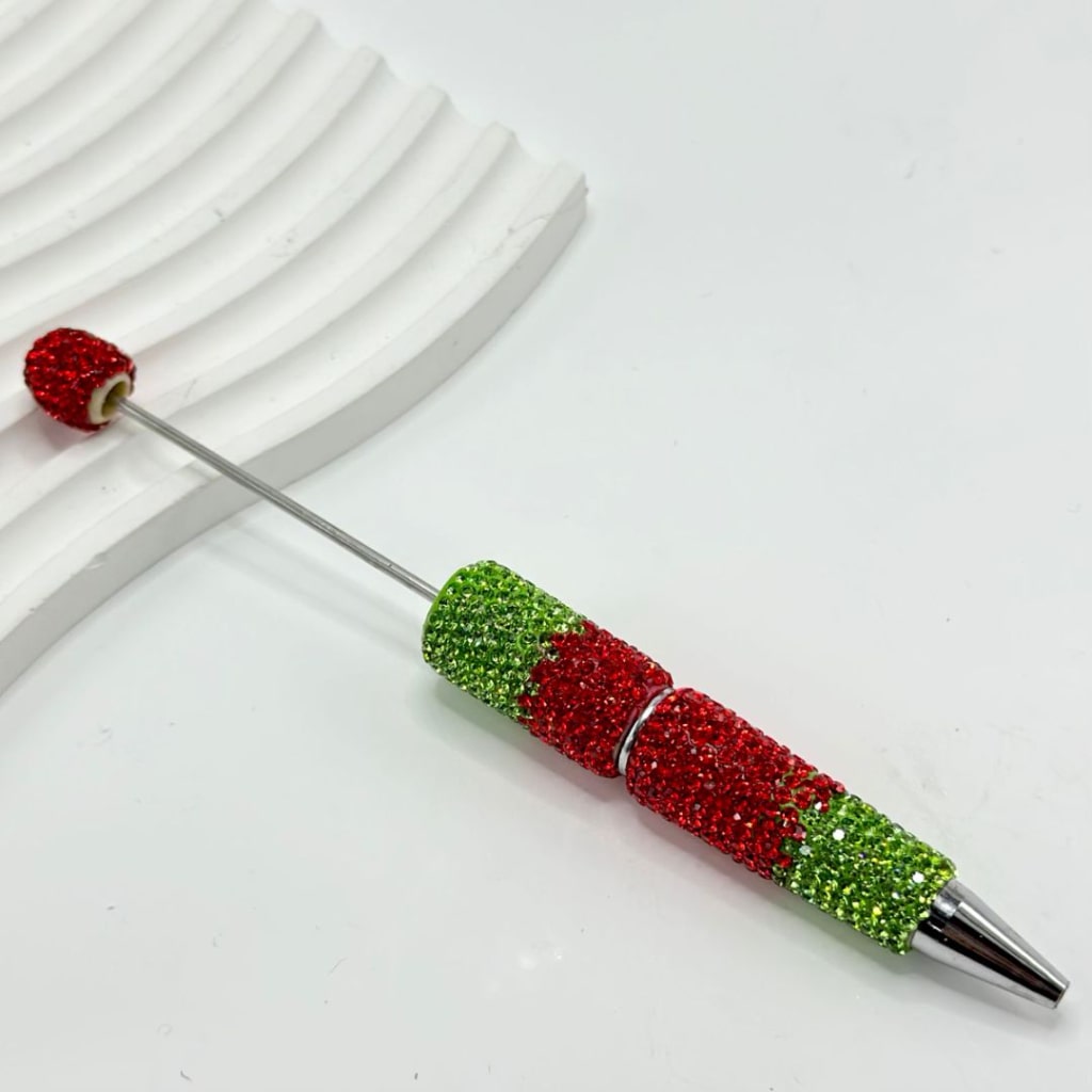 Christmas Green and Red Rhinestones Beadable Clay Pens Covered the Entire Pen