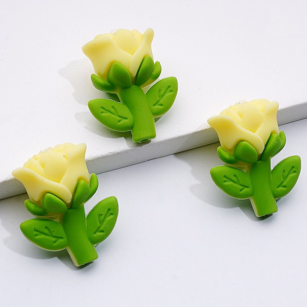 3D Rose Flower Silicone Focal Beads – Cute Multicolor Design in Red, Purple, Pink & Yellow