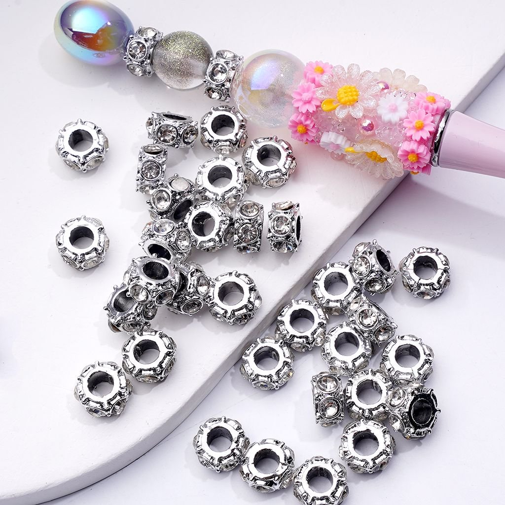 Silver Alloy Spacer Bead Round Shape with Clear Rhinestones, 10MM