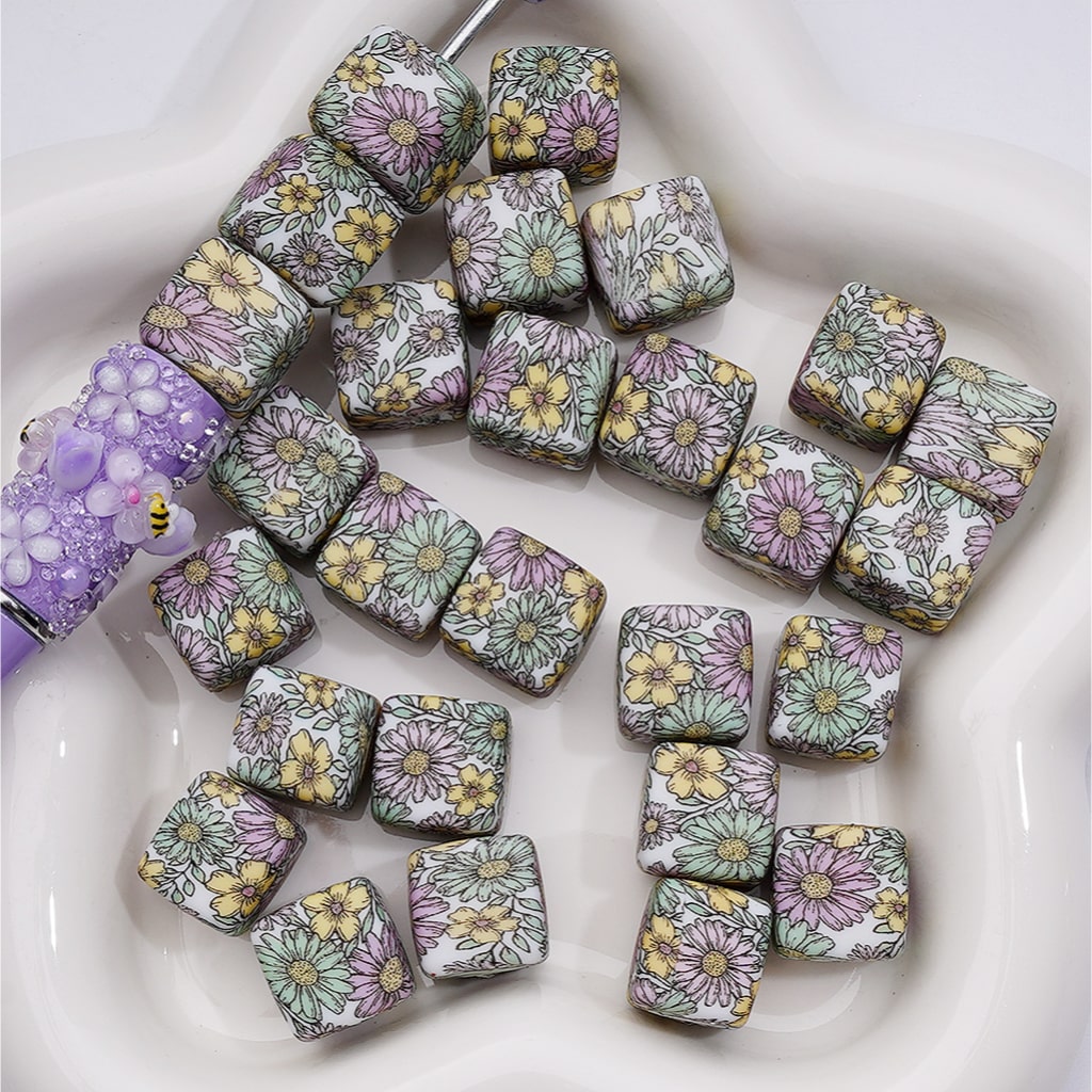 Flowers Multi-Color Printed Cube Square Silicone Beads, 14MM