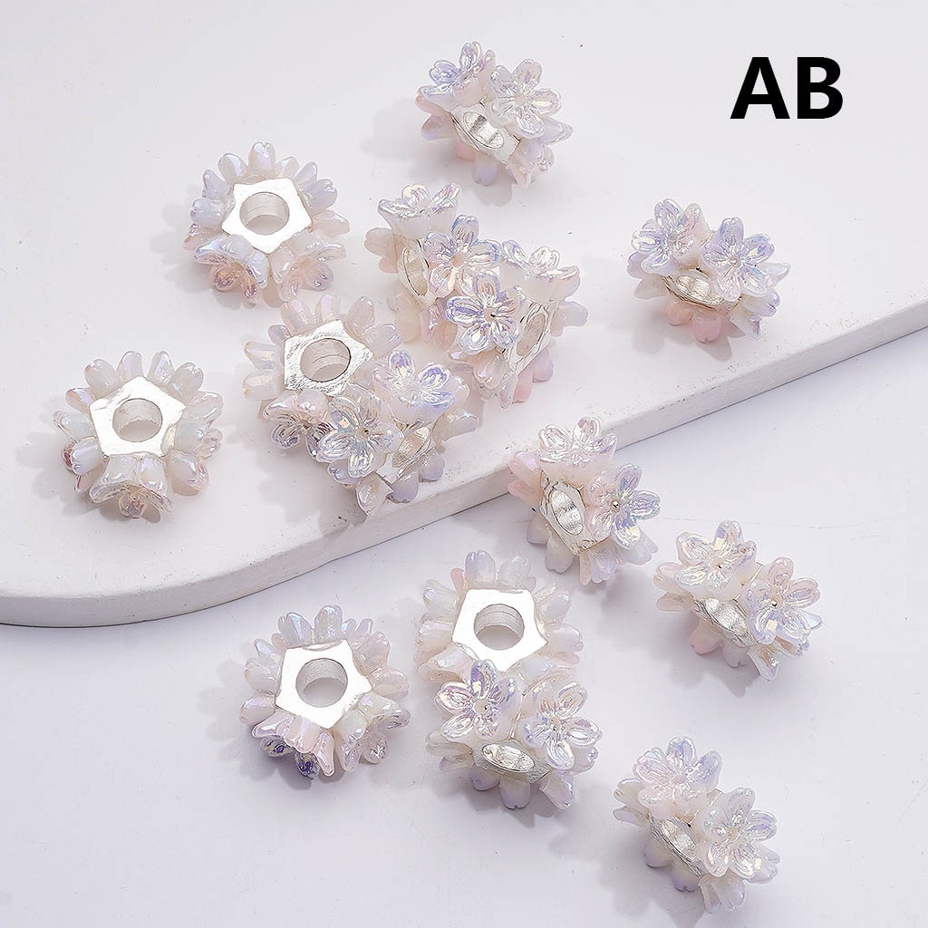 Silver Alloy Pentagon Shape Spacer Shiny Pink Flower 19MM