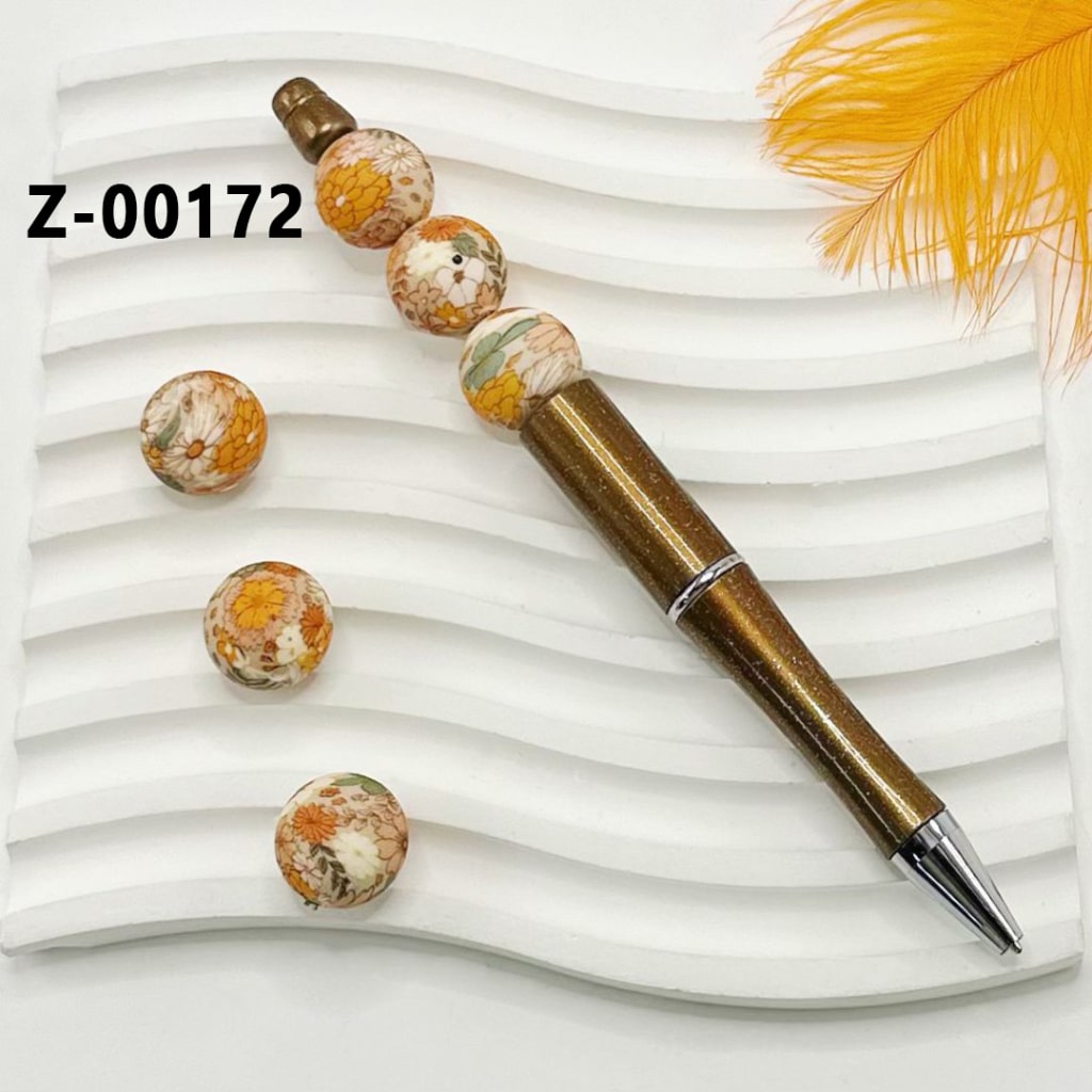 Flowers Colorful Printed Round Silicone Beads 15mm, Number Z-00172