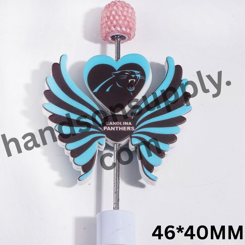 Carolina American Football Blue and Black Team Pattern Heart and Wing Silicone Focal Beads Set, 40*46MM