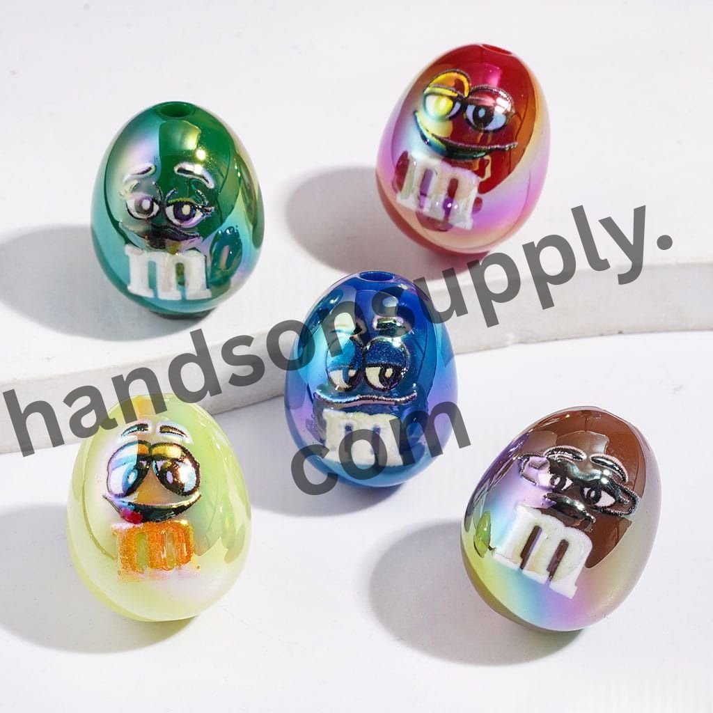 UV-Coated Colorful Candy Chip Patterns and Expressive Face Prints Oval Shape Acrylic Beads, 16*20MM, Multi-Color, Random Mix