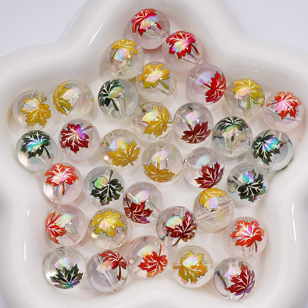 UV Coating Jelly Multi-Color Maple Leaves White Clear Round Acrylic Beads 16MM