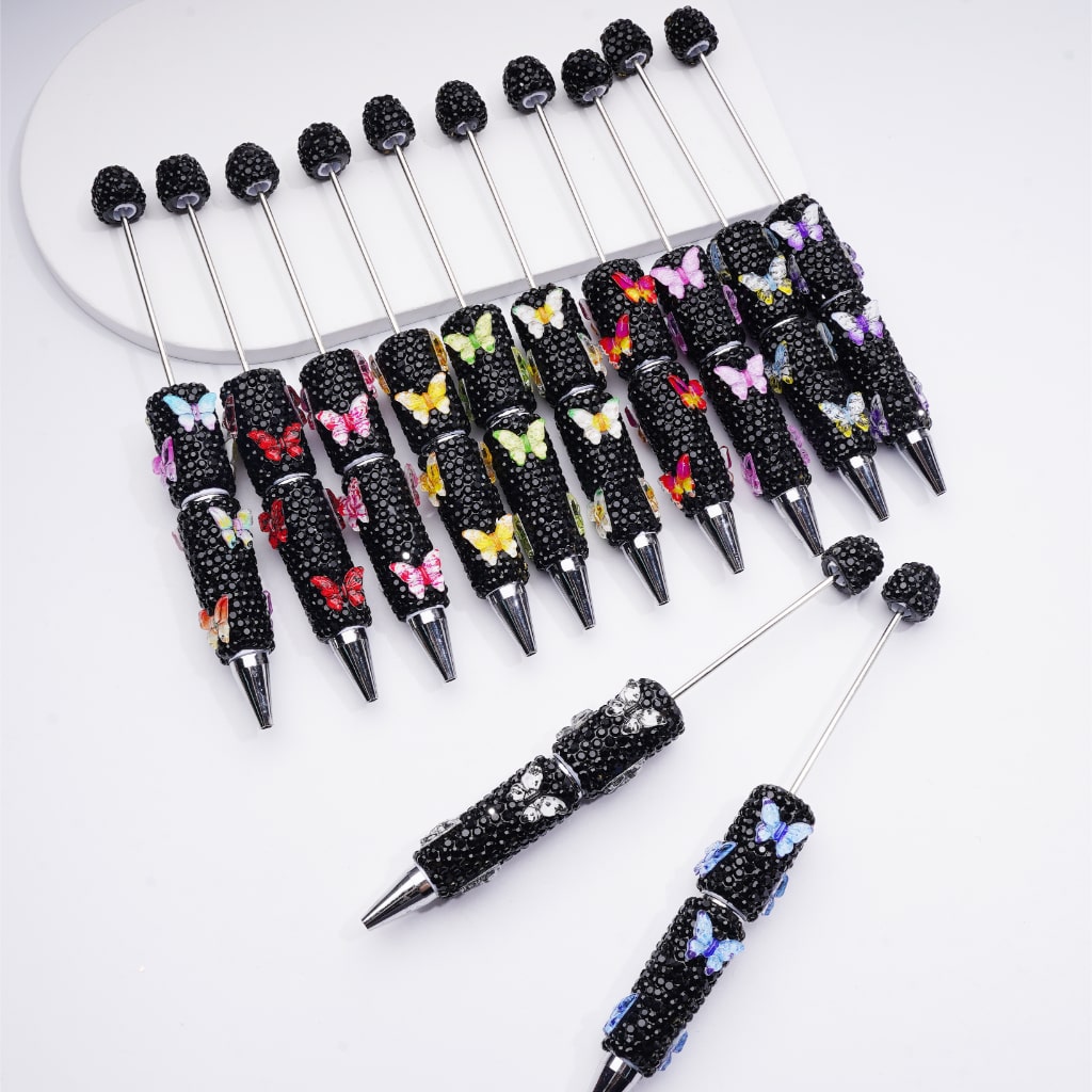 Black Rhinestones Double Color Butterfly Beadable Clay Pens