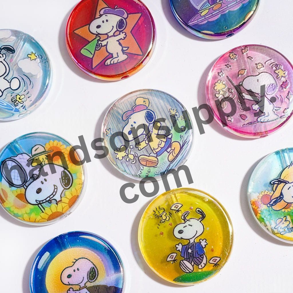 UV-Finished Adorable White Beagle Dog Character Prints Semi-Clear Flat Round Shape Acrylic Beads, 31MM, Random Mix