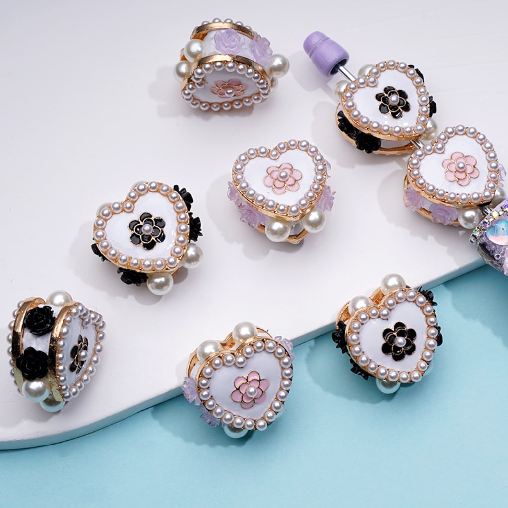 Alloy Fancy Exquisite Gold Heart with White Pearls Black & Purple Flowers Clay Beads, Around 22*21MM