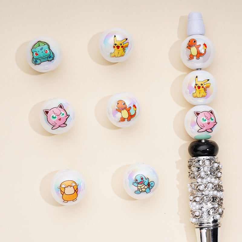 Cartoon Pocket Monster with Pearl White Acrylic Beads, UV Finish, Random Mix, 16mm, XY