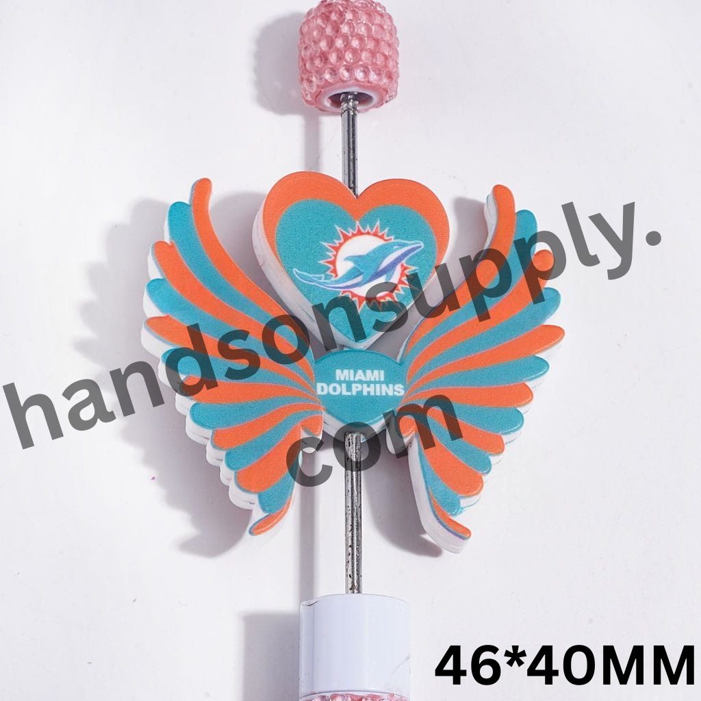 Miami American Football Team Pattern Printed Heart and Wing Silicone Focal Beads Set, 40*46MM