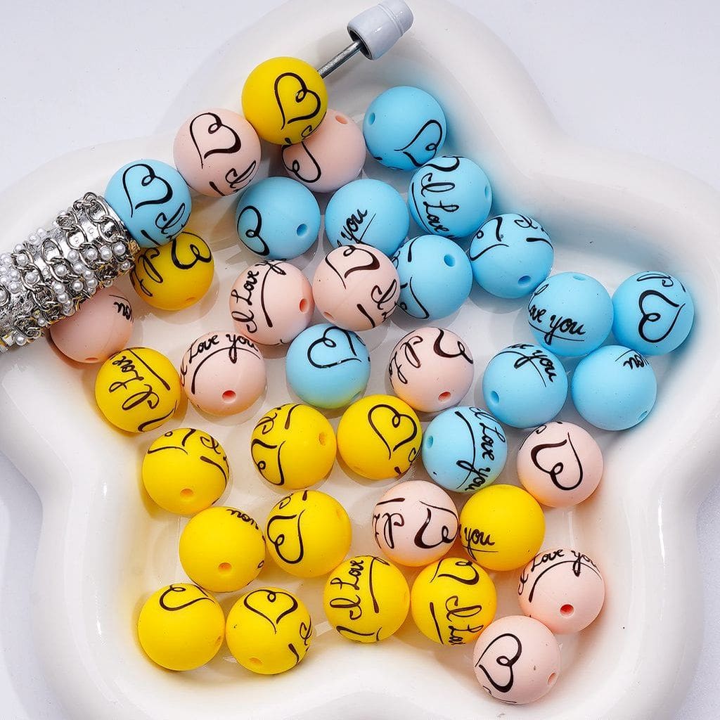 Mixed Color Heart Beads Blue, Pink & Yellow 15MM Printed Silicone Beads with ‘I Love You’ Print, Z-00245
