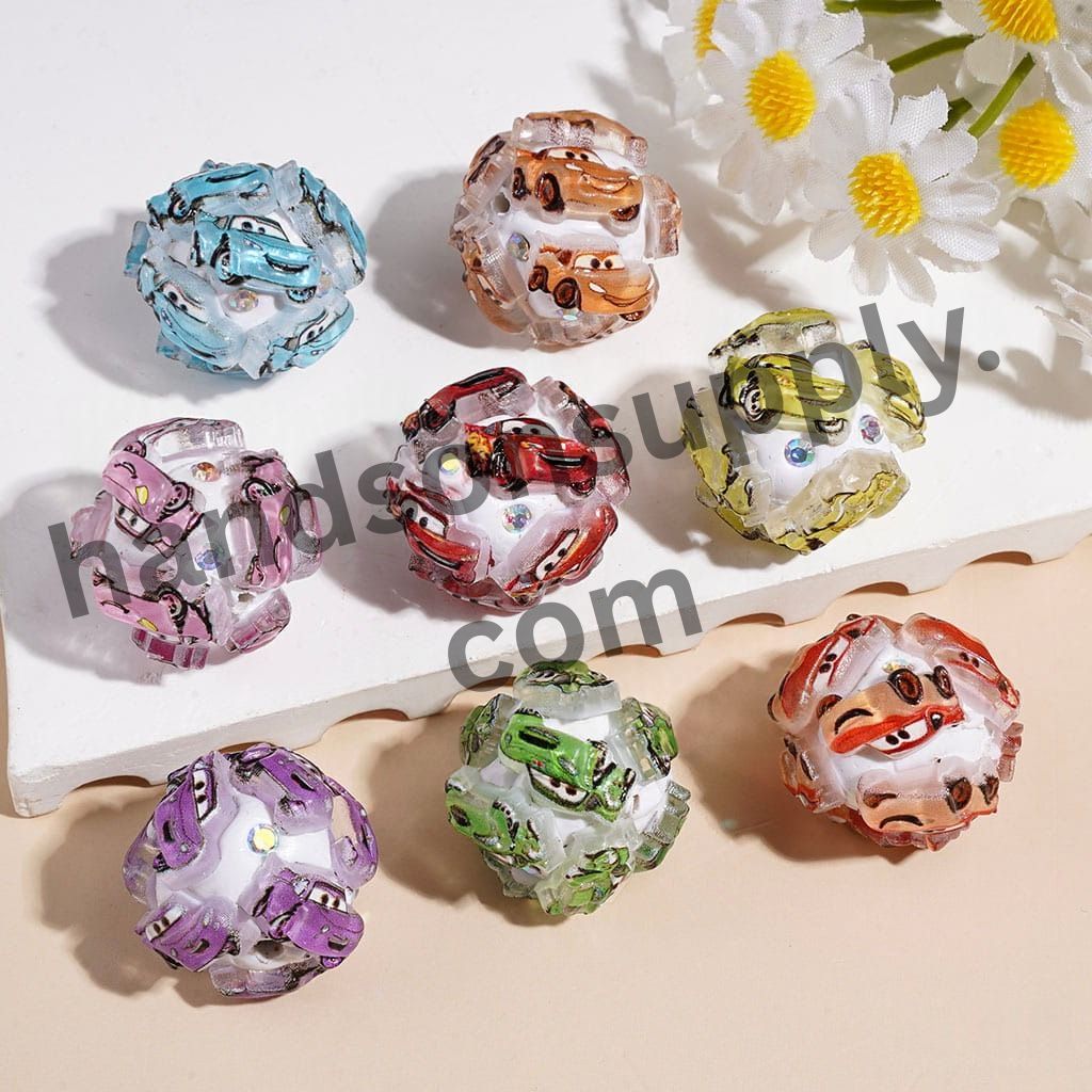 Cartoon Racing Sports Car Round Clay Beads with AB Rhinestones, 20MM, Random Mix