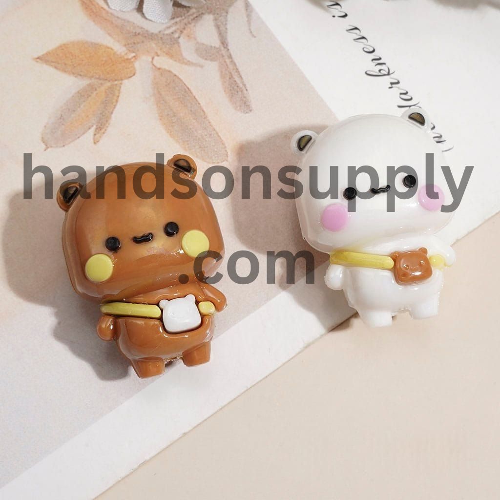 Glossy Cute Cartoon Bear Character Holding Toast bag Soft PVC Rubber Beads, Height 29MM Random Mix