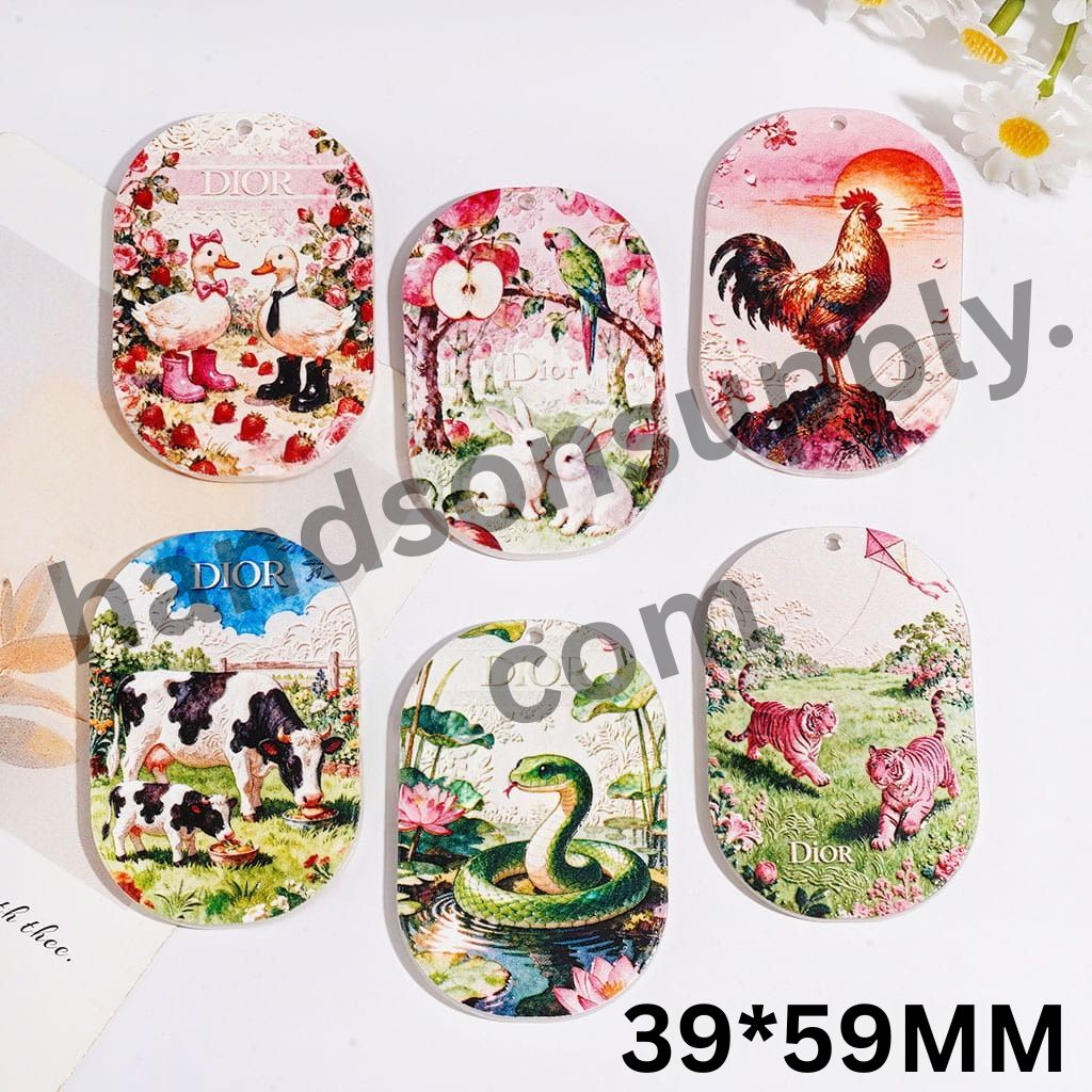 Country Animal Series with Cow, Tiger, Duck, Rabbit, Snake & Rooster Flat Rounded Rectangle Acrylic Pendants, 39*59MM, Random Mix