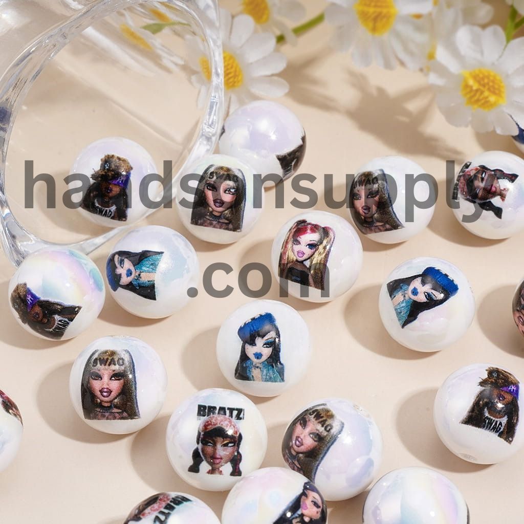 UV Coated Fashion Doll Series Gothic Style Print Round Acrylic Beads for Bracelets 16MM, Random Mix