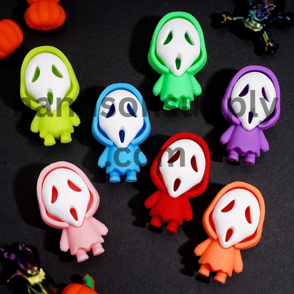 Cute Ghost Face Cartoon Character with Colorful Hooded Costume Halloween Theme Silicone Focal Figurine, Height 48MM, Multi-Color, Random Mix (NO Hole)