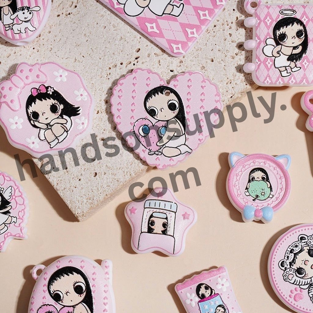 Cute Angel Girl Cartoon Character Designs in Pink Series Acrylic Beads and Pendants, Random Mix