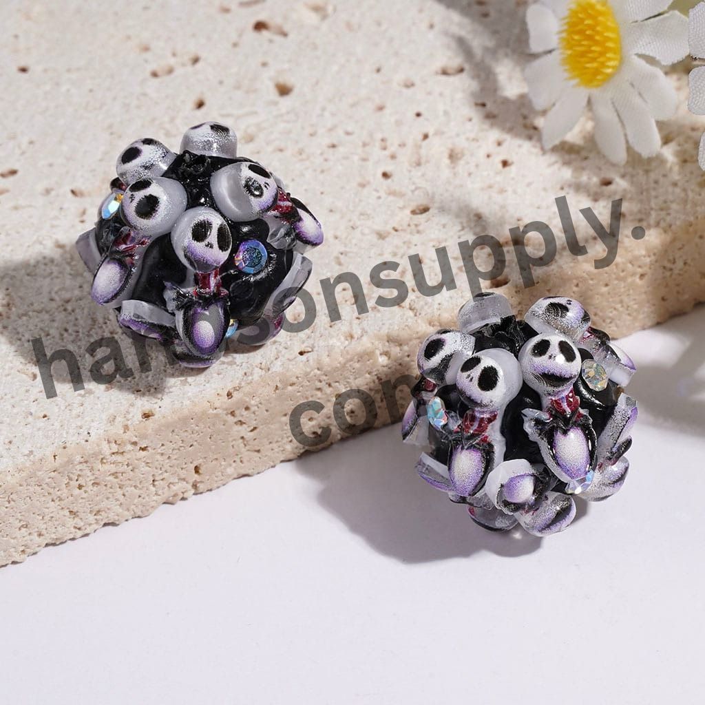 Boy Skull Head Clay Beads with AB Rhinestones, 20MM, Black & White, Random Mix