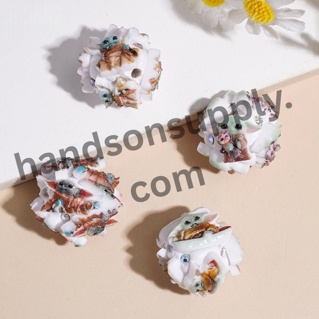 Green Space Alien Character Clay Beads with AB Rhinestones, 20MM, Multi-Color Random Mix