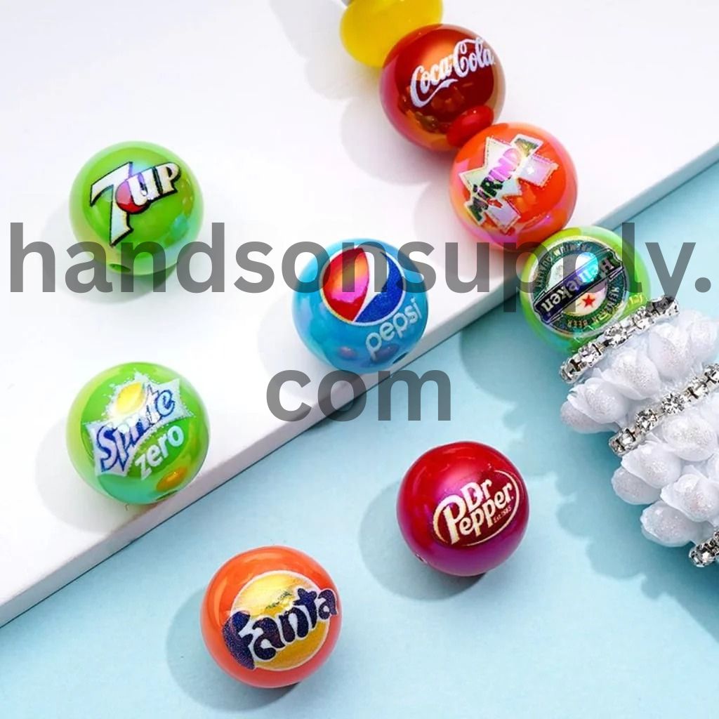Drink Beer Soda Seven U Sprit Fant Heineke Mirind Round UV Coating Acrylic Beads, 16MM, Random Mix