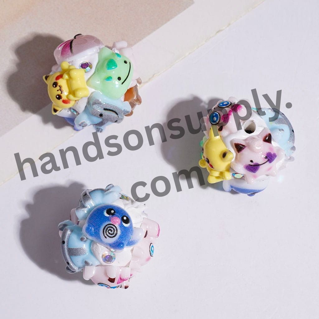 Cute Cartoon Small Monster Animal Characters with AB Rhinestones, Clay Beads, 20MM, Multi-Color Random Mix