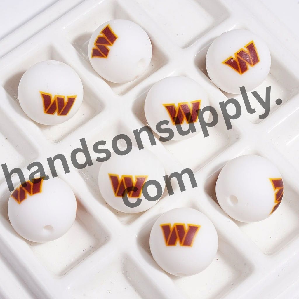 Sporty Washington American Football Team Logo Printed Round Silicone Beads for DIY Bracelets and Necklaces, 15MM