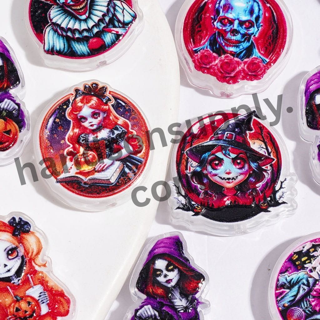 Cute Halloween Theme Witch & Skull Character Acrylic Beads, Variant Designs, Random Mix