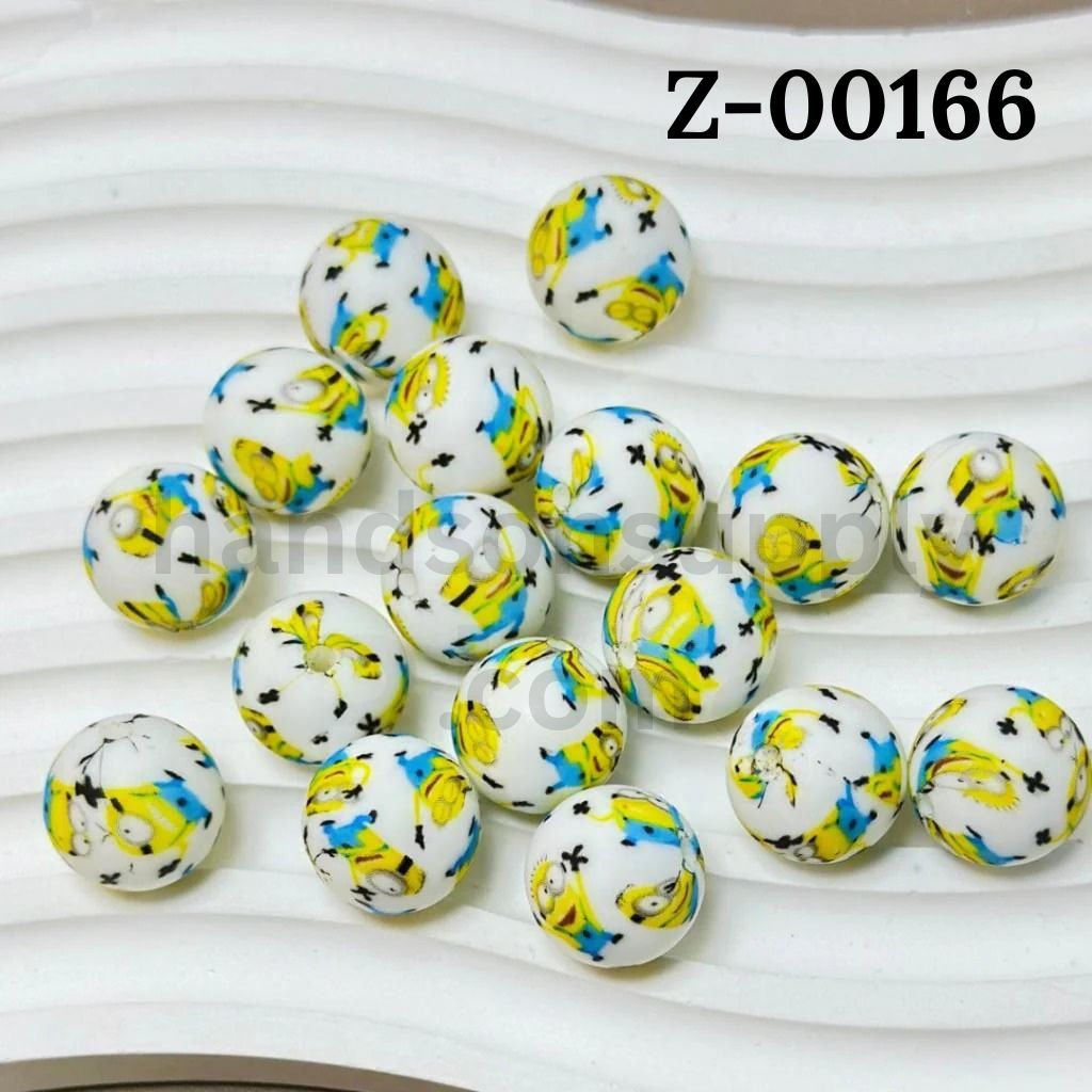 Little Cute Cartoon Minion Round Printed Silicone Beads 15mm, Number Z-00166