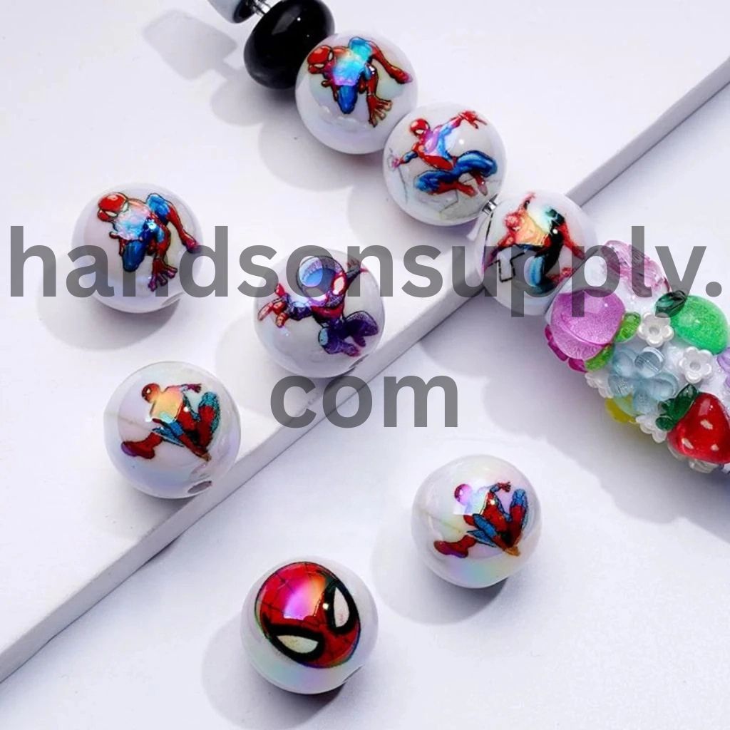 White Round Super Hero Strong Character UV Coating Acrylic Beads, 16MM, Random Mix